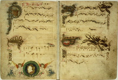 Isaac Firenzében íródott Palle, palle kezdetű motettájának kottája.